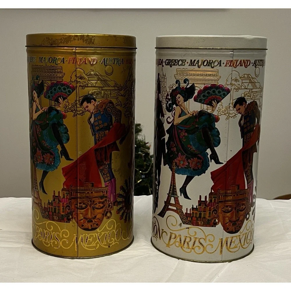 Vtg World Travel Tin Canister Set Kitchen Embossed Retro USA MCM Boho Europe